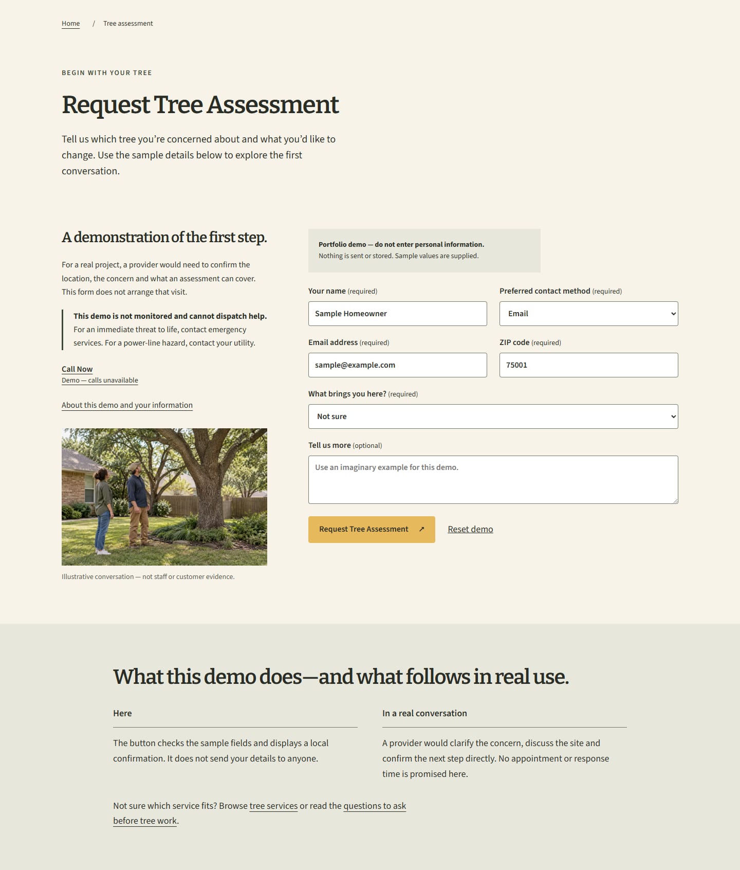 Tree assessment page with a demo notice, sample-filled fields, an emergency limits note and an explanation of what the demo does.