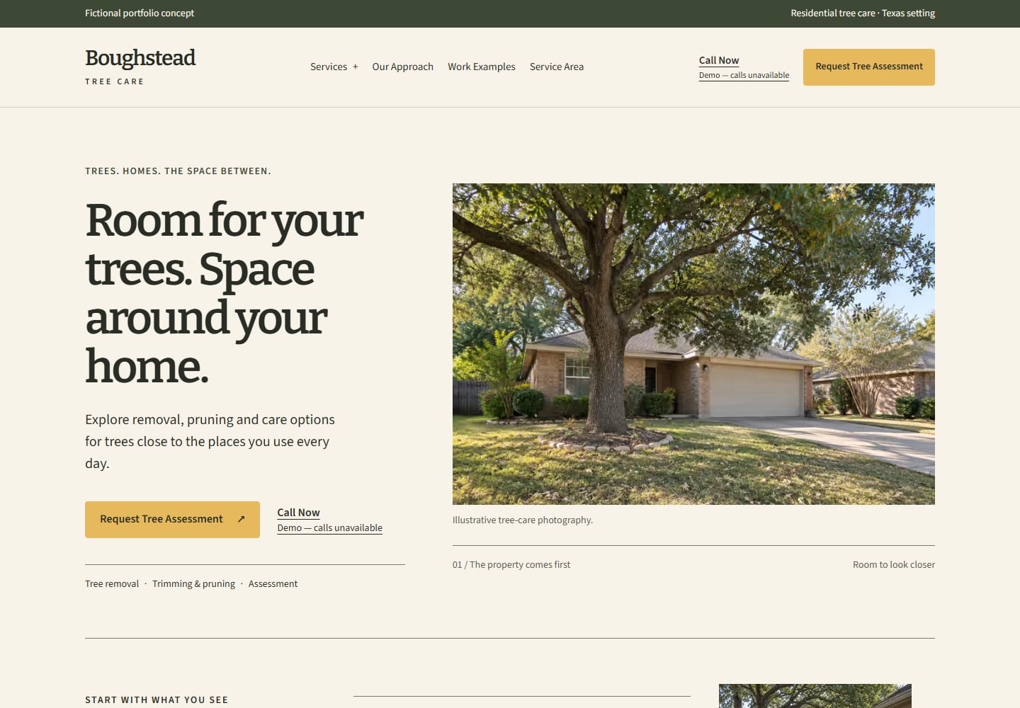 Boughstead hero with the headline Room for your trees. Space around your home, a gold assessment button and a photograph of a large oak in front of a brick house.