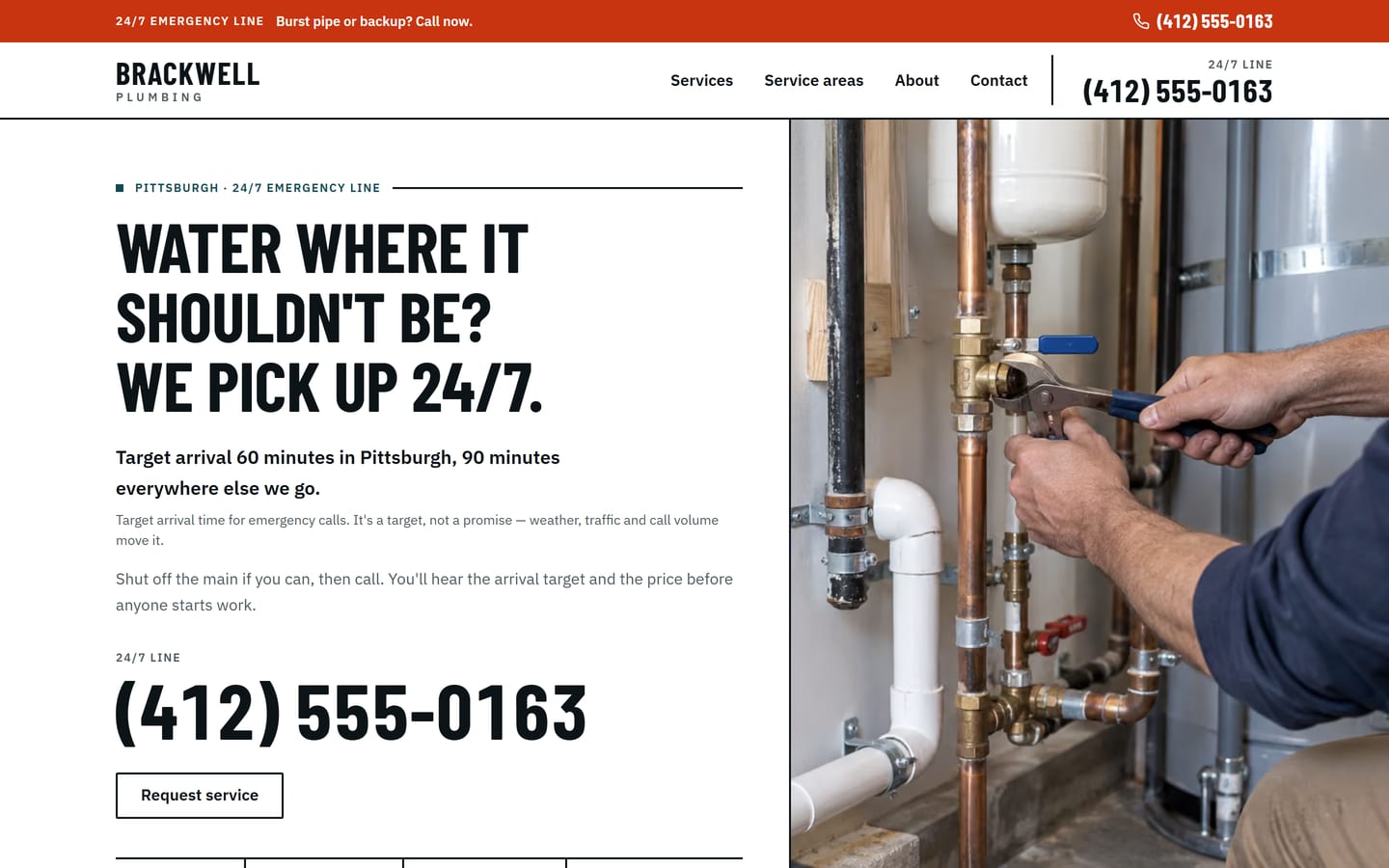 Home page above the fold at desktop width: headline, arrival target with its qualifier, the phone number in large type, and a photo of hands on a valve.