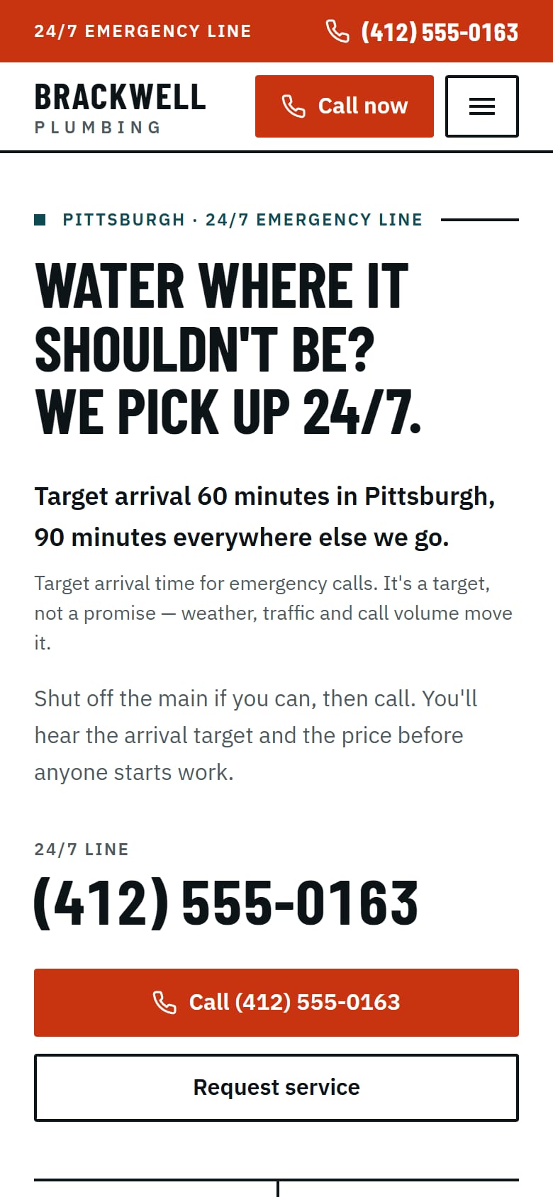 Home page on a phone without scrolling: top bar with the number, a Call now button, the headline, the arrival target and a full-width call button.