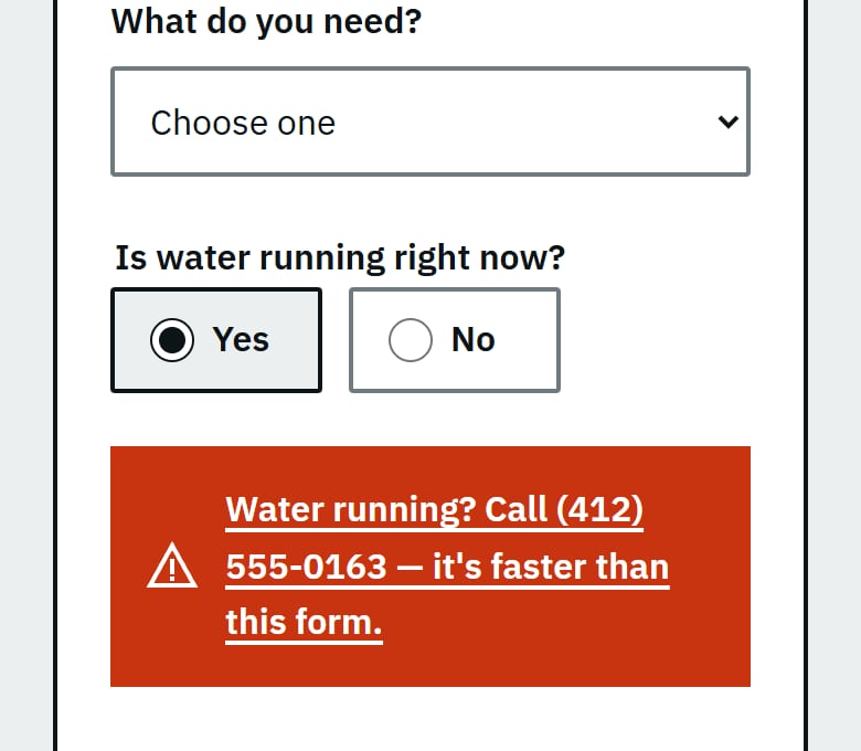 Callback form on a phone: "Is water running right now?" set to Yes, with a red prompt to call instead of filling in the form.