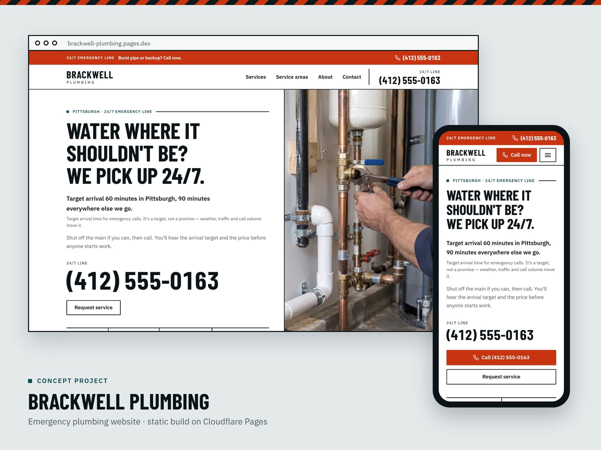 Brackwell Plumbing concept site: the desktop home page in a browser frame, with the phone layout overlapping at lower right.