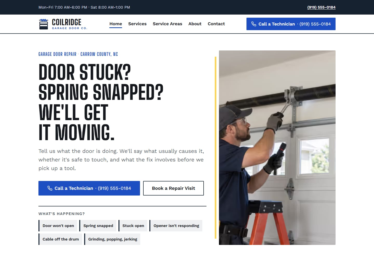 Coilridge hero with the headline Door stuck? Spring snapped? We'll get it moving., a cobalt Call a Technician button, a Book a Repair Visit button, symptom chips and a photograph of a technician working on a torsion spring.