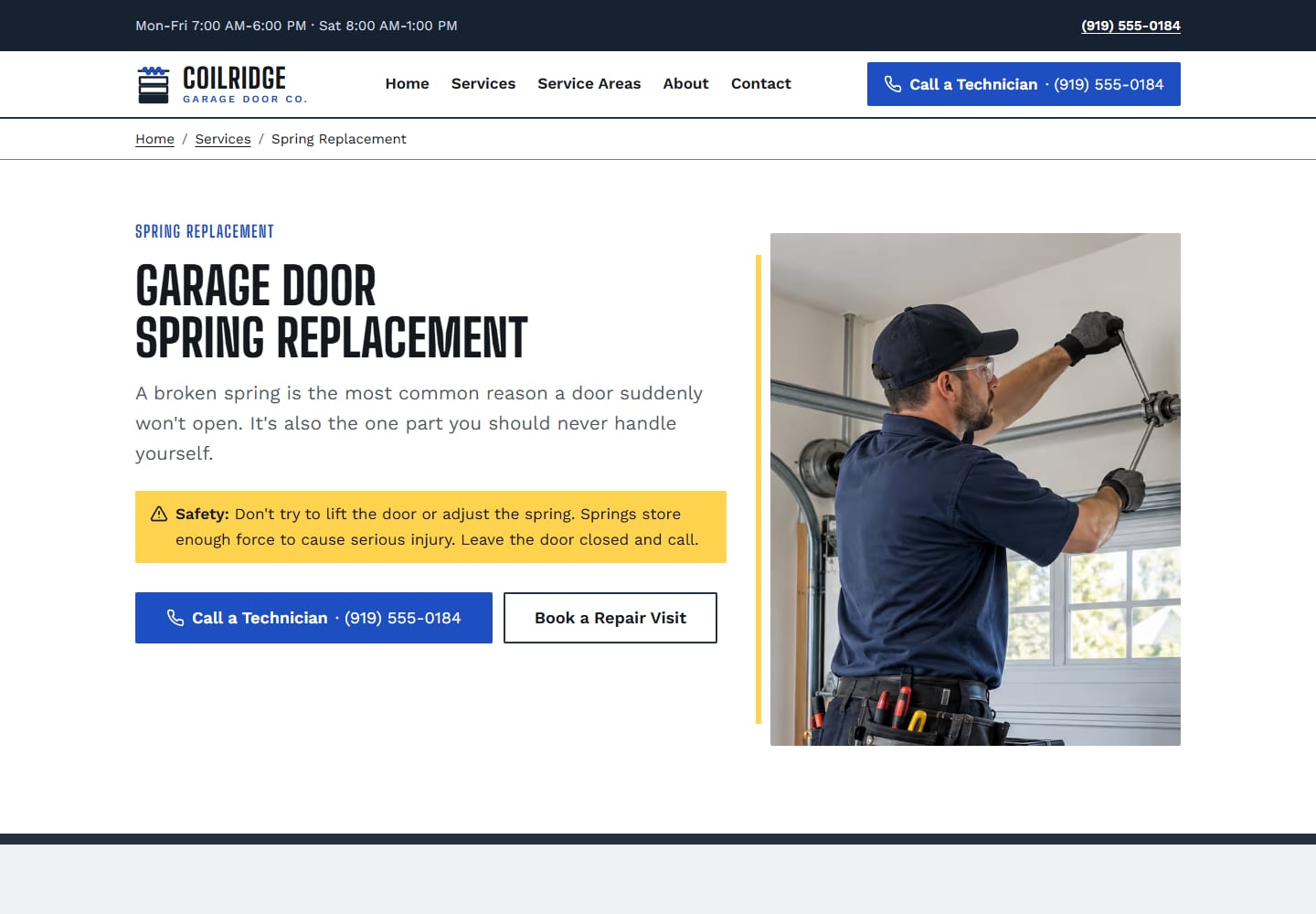 Spring replacement service page with a breadcrumb, a yellow safety note not to lift the door or adjust the spring, the same two actions as the homepage and a technician photograph.