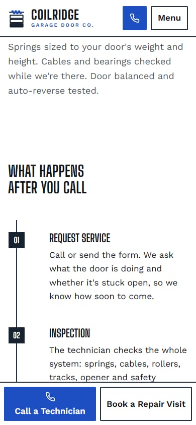 The spring replacement page scrolled on a 390px phone, showing the numbered process rail and a fixed bottom bar with Call a Technician and Book a Repair Visit.