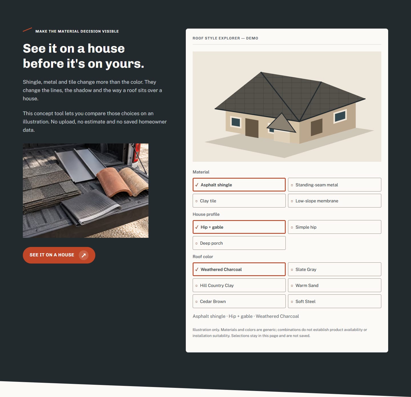 Local roof-style demo with an illustrated house and accessible material, profile and color controls.