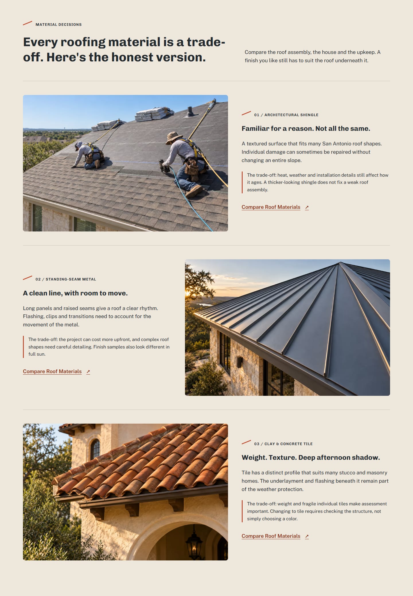 Alternating material education tracks for shingle, standing-seam metal and tile roofing.