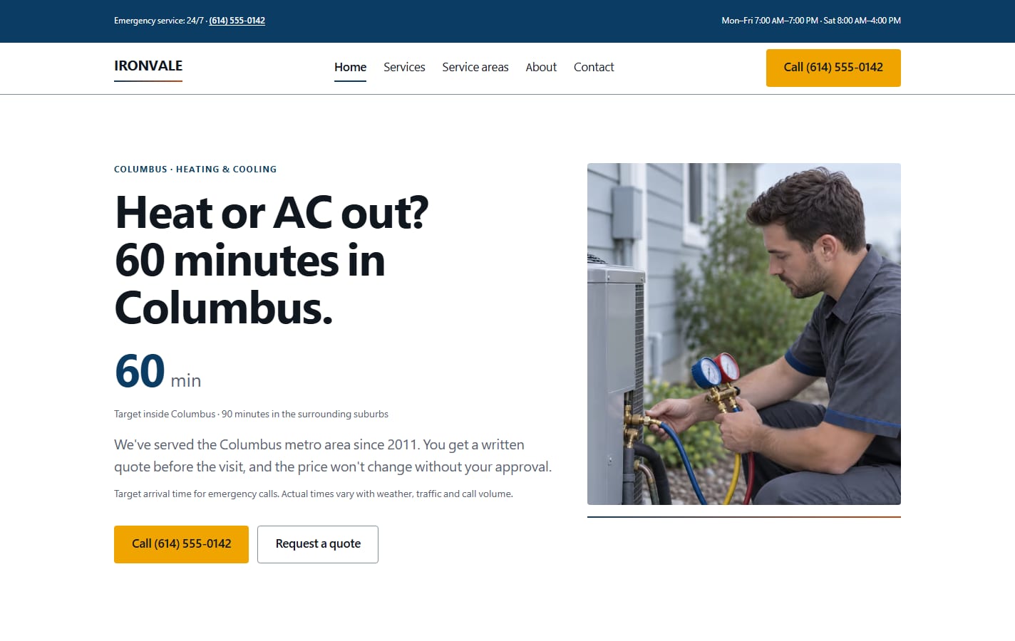 Home page above the fold at desktop width: utility bar with the phone number, the headline "Heat or AC out? 60 minutes in Columbus.", the arrival target with its note, call and quote buttons, and a technician at an outdoor unit.