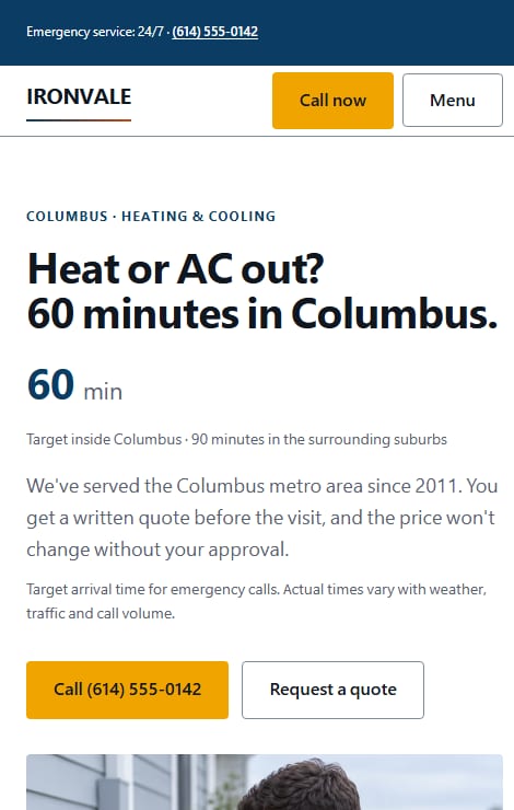 Home page on a phone without scrolling: a Call now button and Menu in the header, the headline, the 60-minute target with its note, and call and quote buttons.