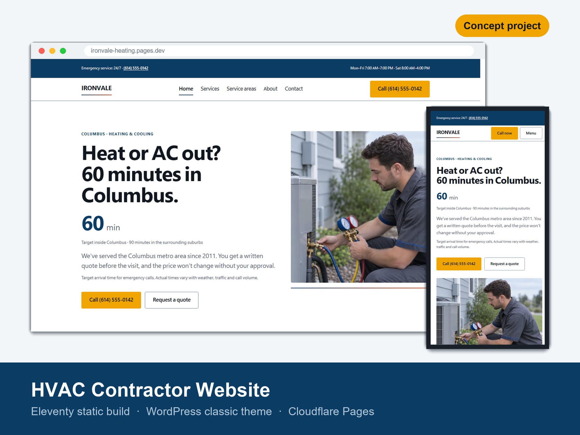 Ironvale Heating & Air concept site: the desktop home page in a browser frame with the phone layout beside it, labelled Concept project.