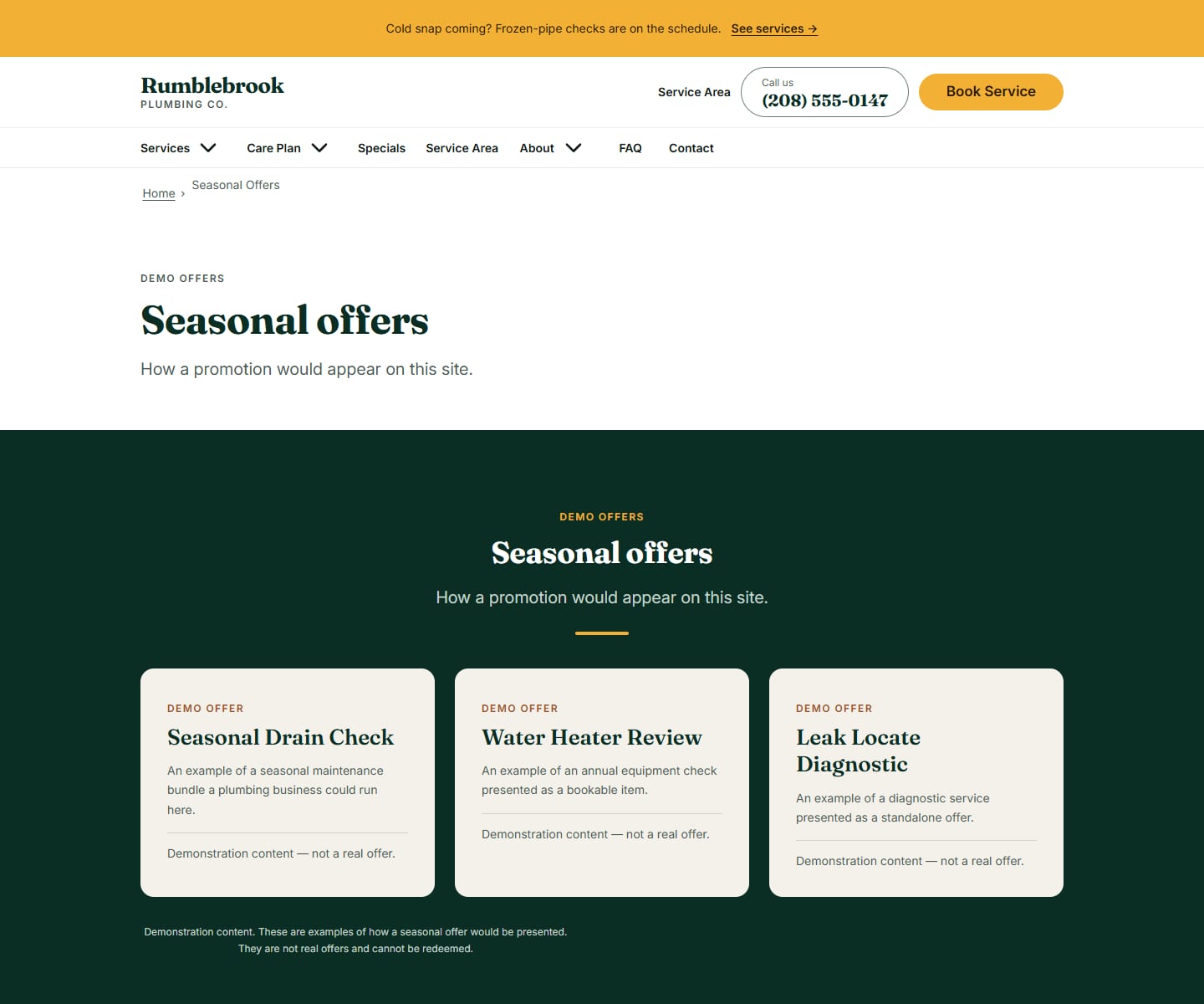 The seasonal offers page: three cream cards on a dark green band, each headed DEMO OFFER and each ending with the line "Demonstration content — not a real offer." No price, percentage or expiry appears on any of them.