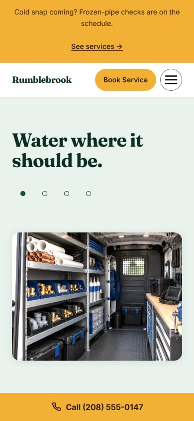 Home page on a phone without scrolling: the compacted header keeping only the wordmark, a Book Service button and a menu control, the display headline, and the persistent marigold call bar pinned to the bottom of the screen.