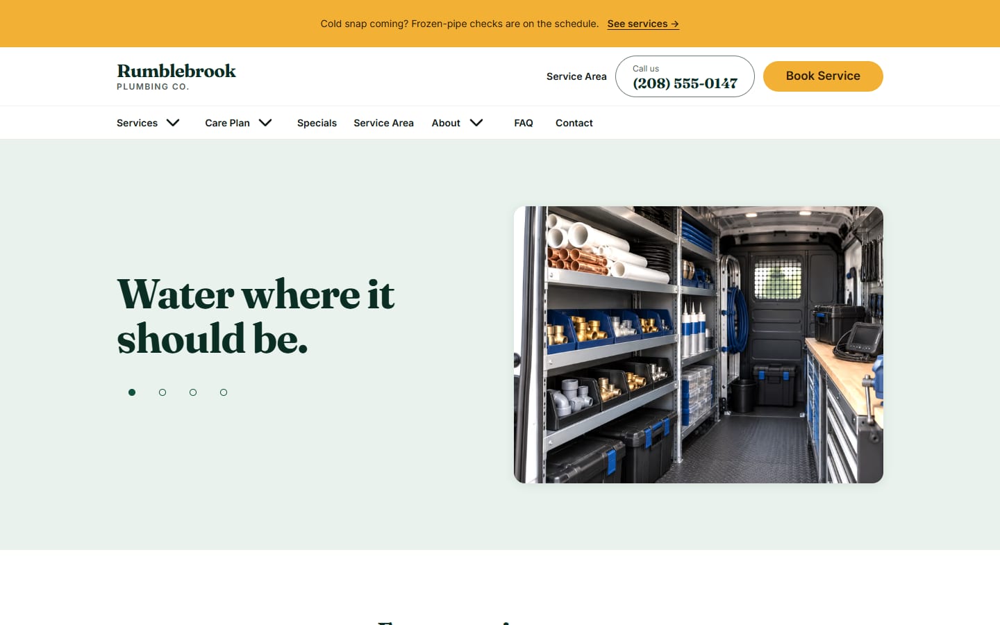 Rumblebrook Plumbing concept site: the desktop home page with a marigold announcement strip, the Fraunces wordmark, a two-row navigation, and the headline "Water where it should be." beside a photograph of a plumber working at copper lines.