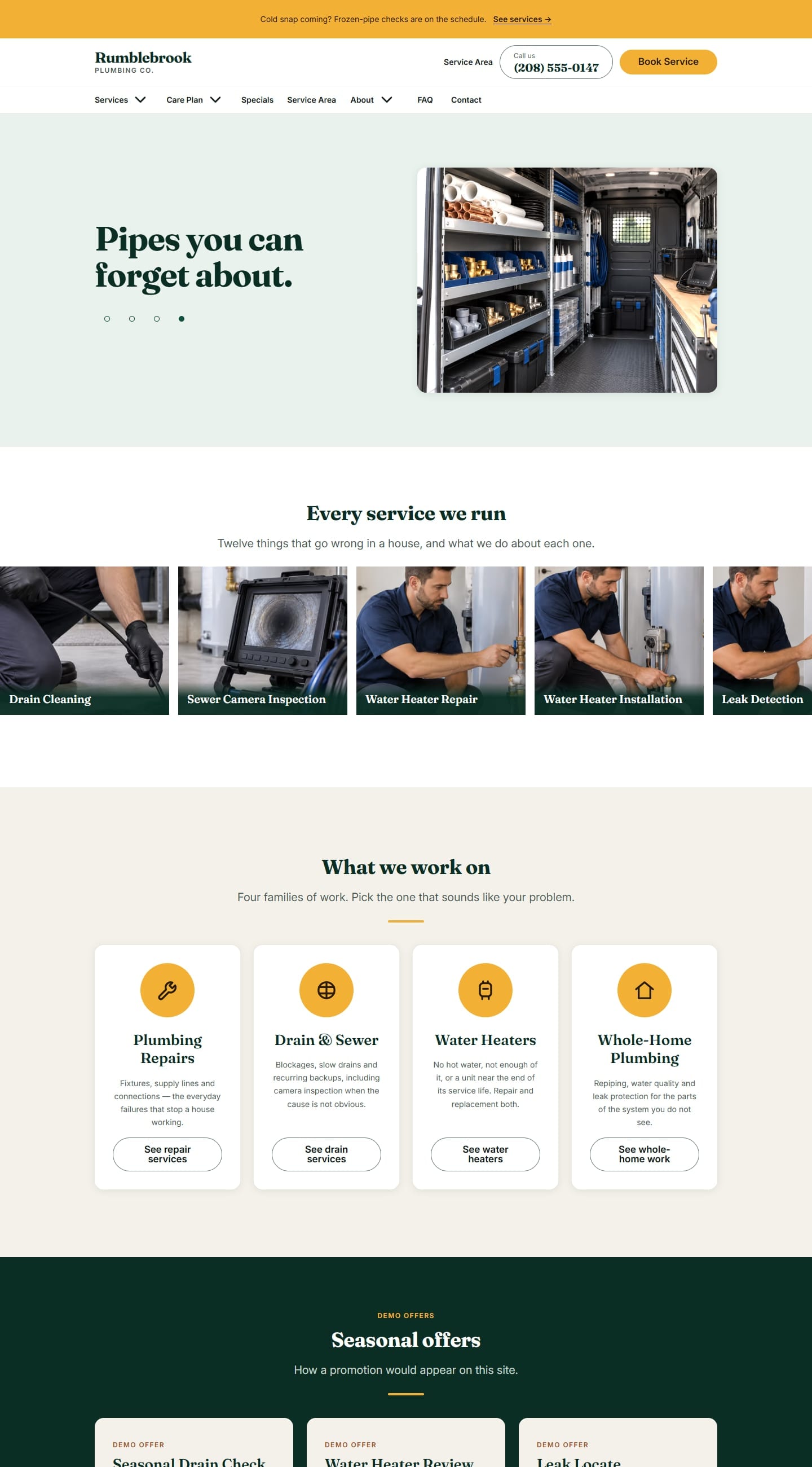 The upper half of the full home page composition, showing the alternating band rhythm: the announcement strip, header, statement panel, the horizontal service-tile track and the promise cards below it.