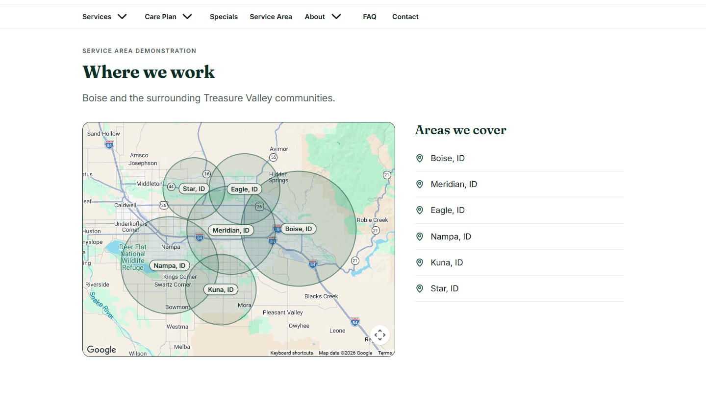The service-area band on the live site: a Google map centred on Boise with six overlapping green coverage circles and six text-only city labels reading Boise, Meridian, Eagle, Nampa, Kuna and Star. No location pin appears anywhere on the map. Beside it, the same six areas are listed as text.