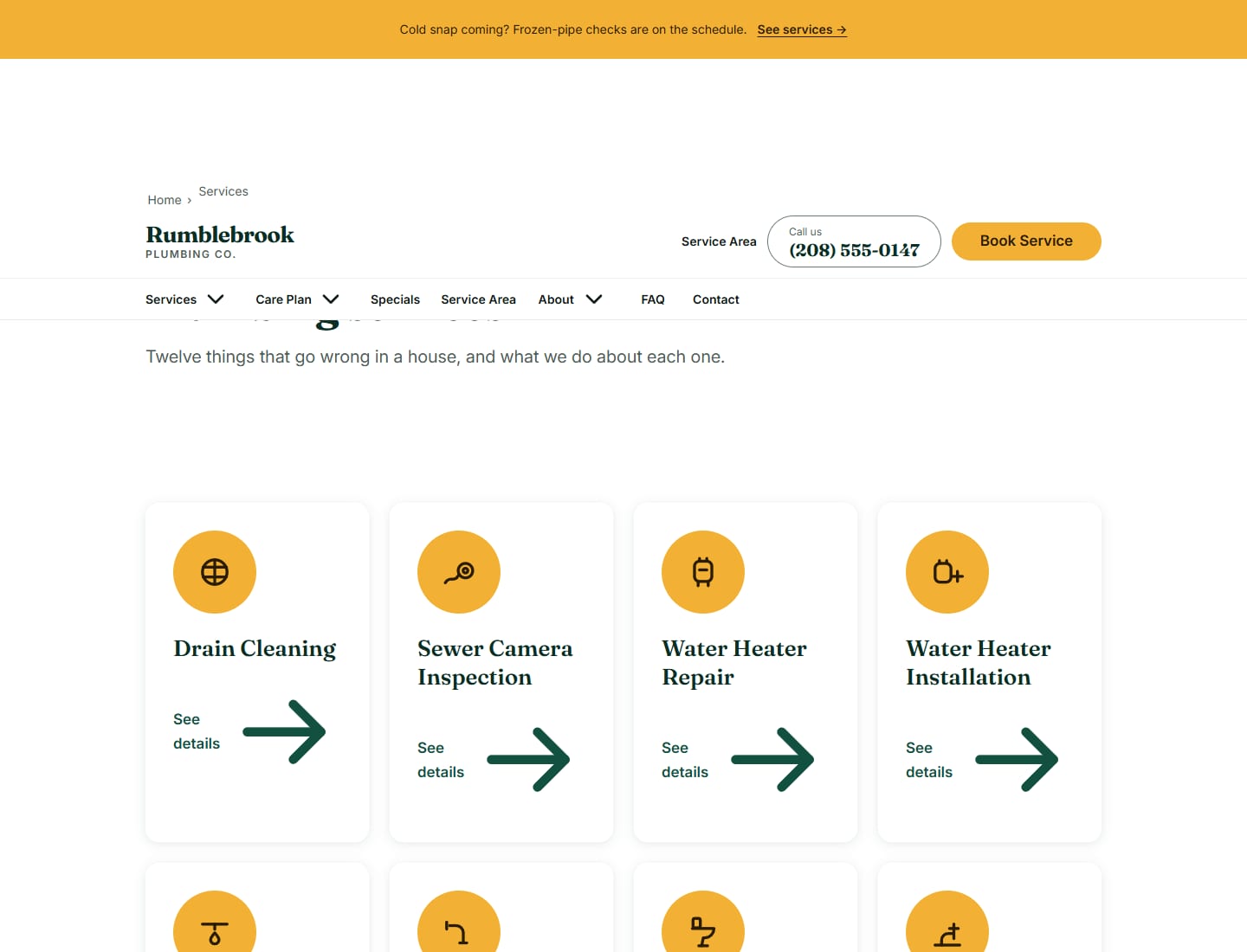 The services index at desktop width: twelve service tiles in a grid, each with a circular marigold icon medallion, a square-cornered photograph and a See details link.