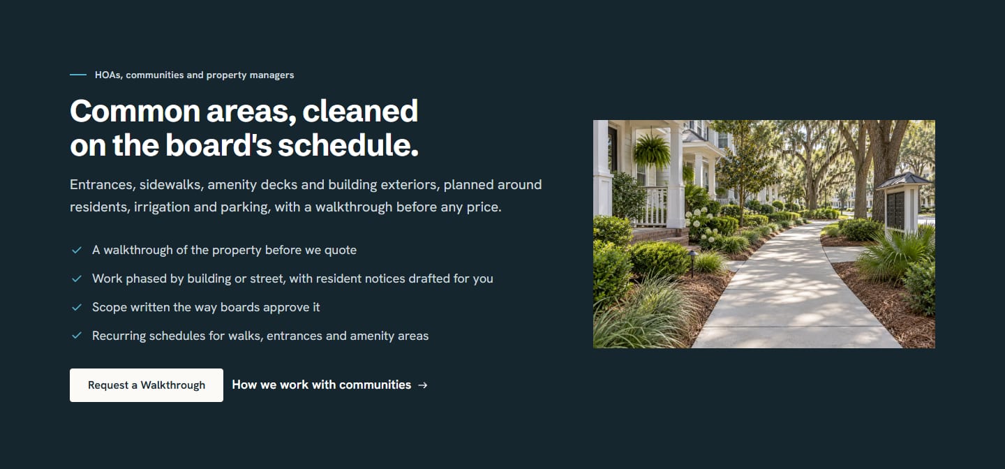 Dark band titled Common areas, cleaned on the board's schedule., listing a walkthrough before quoting, work phased by building or street, a scope written the way boards approve it and recurring schedules, with a Request a Walkthrough button and a photograph of a townhome walkway.