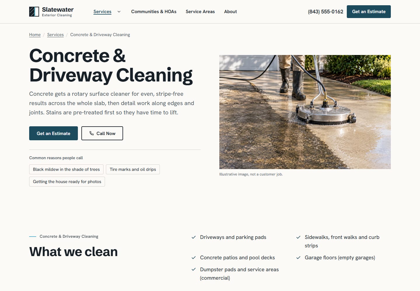 Concrete and Driveway Cleaning page explaining that concrete gets a rotary surface cleaner for an even finish, with a method-by-surface row and a photograph of a surface cleaner leaving a clean path across a slab.