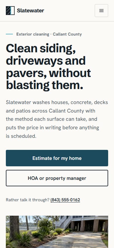 The same Slatewater hero on a 390px phone screen: the wordmark and a menu button, the headline wrapped over four lines, then the two actions stacked full width with the estimate button first.