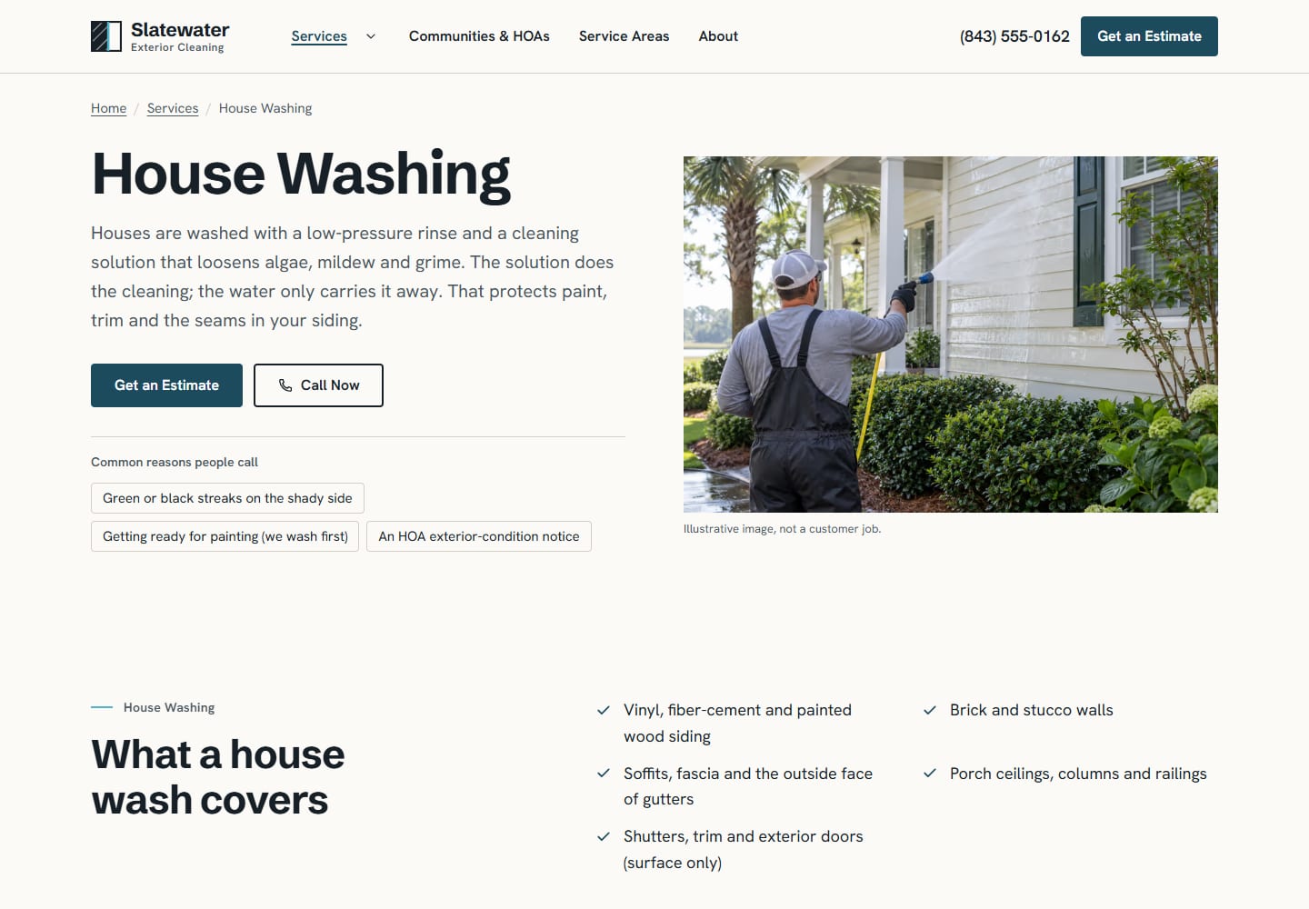House Washing service page with a breadcrumb, the same estimate and call actions as the homepage, a row of common reasons people call, and a photograph of a technician applying a low-pressure rinse seen from behind.