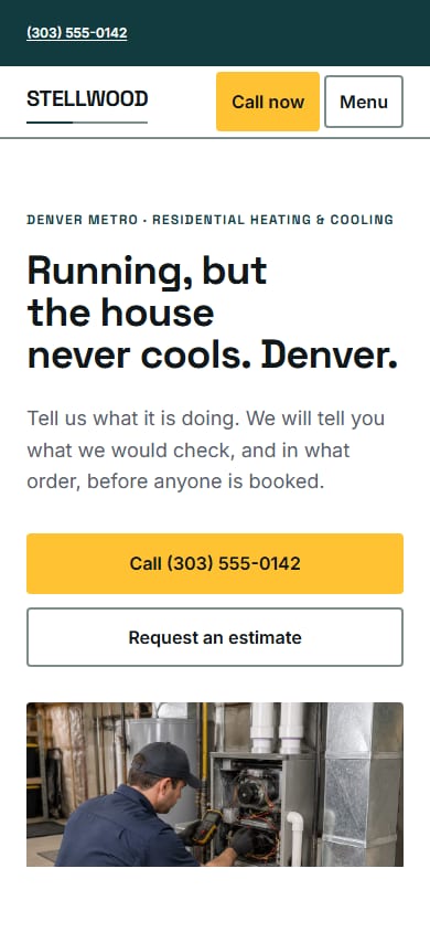 Home page on a phone without scrolling: a Call now button and Menu in the header, the symptom headline, the supporting line, and full-width call and estimate buttons above the photograph.