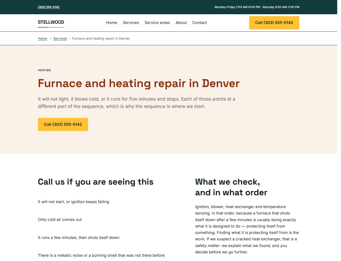 A service detail page for furnace repair: what the visit covers, written as procedure, with no badges, no warranty claim and no review count anywhere on the page.