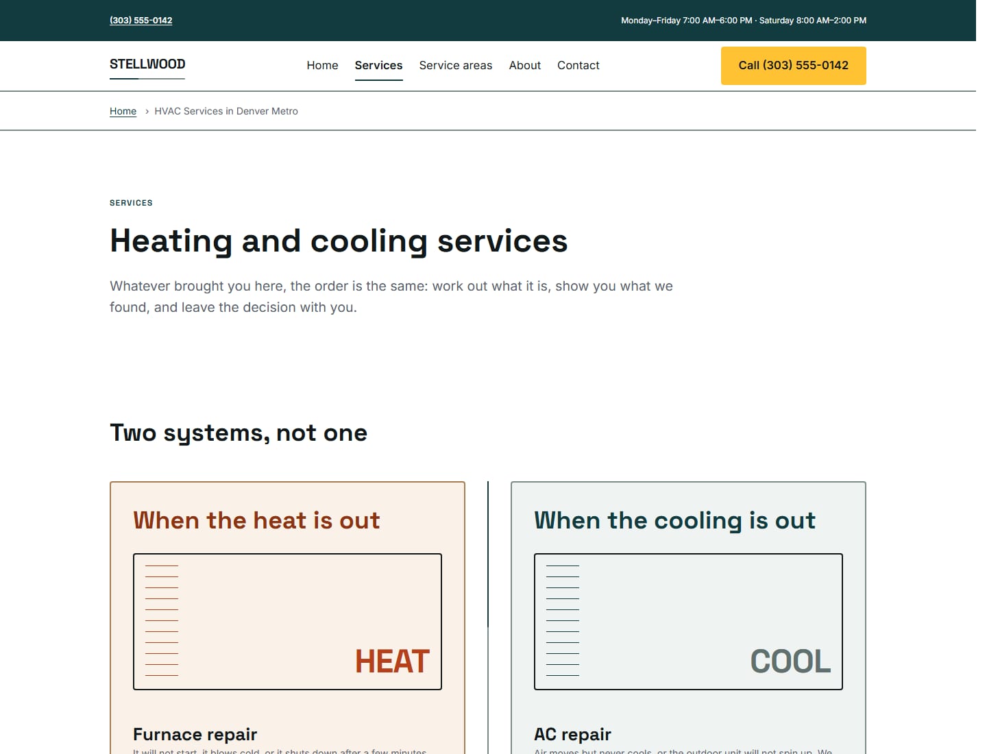 The services hub at desktop width: heating and cooling presented as two parallel tracks on warm and cool surfaces, each listing its services with its own button.